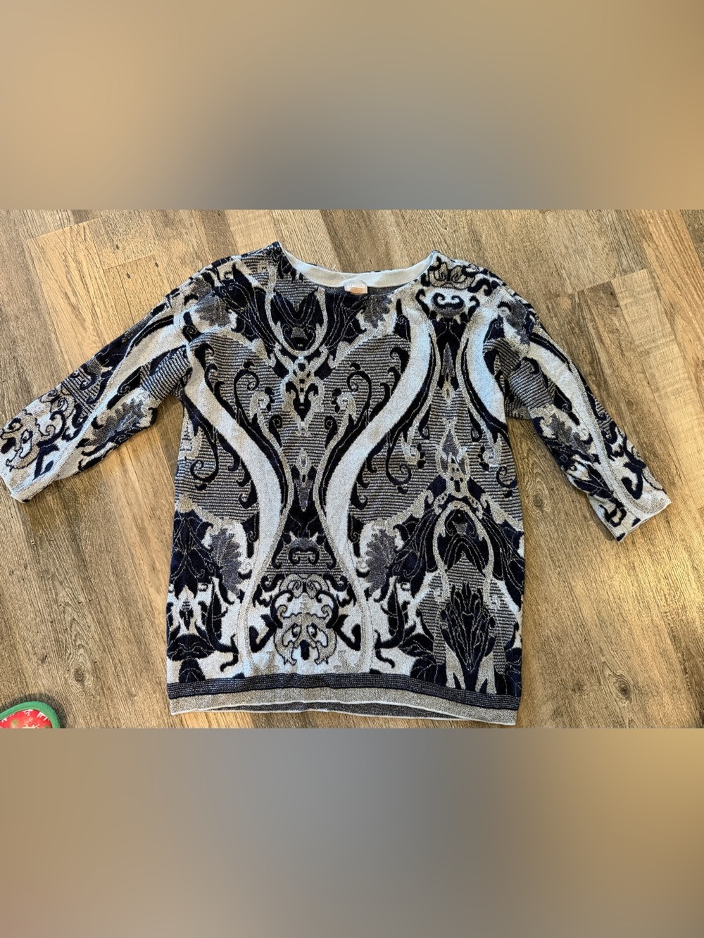 Chico's Black and Light Blue Patterned Knit Top